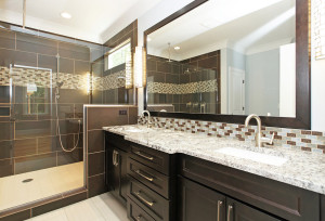 Mater Bathroom with large walk in shower and double vanity